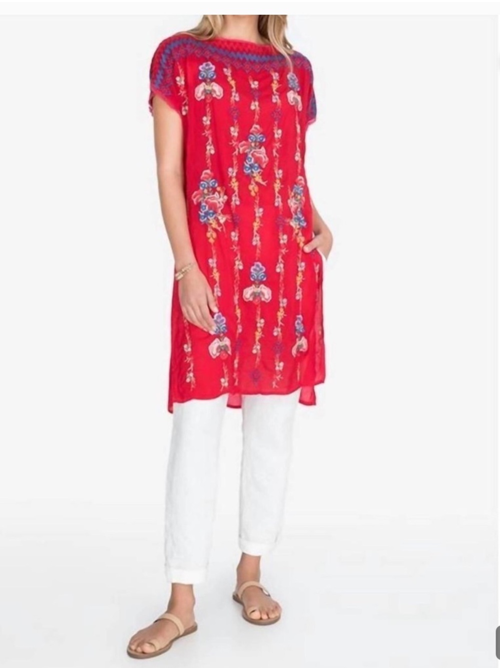 Embroidered Red Short-Sleeve Tunic Top or cover-up